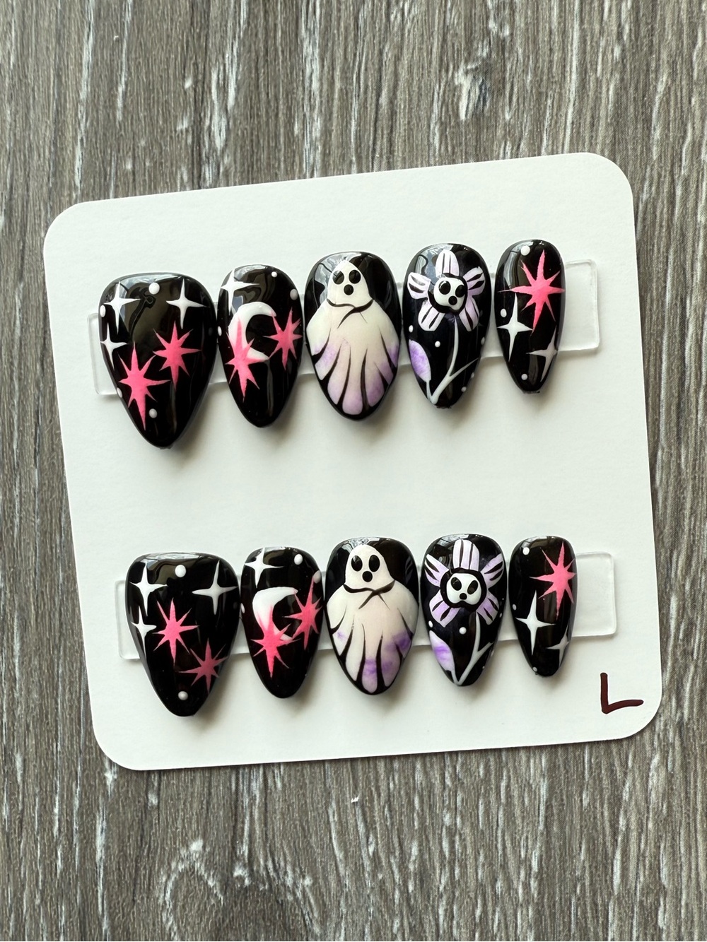 Black Ghost & Star Press-On Nails with Pink and Purple Accents